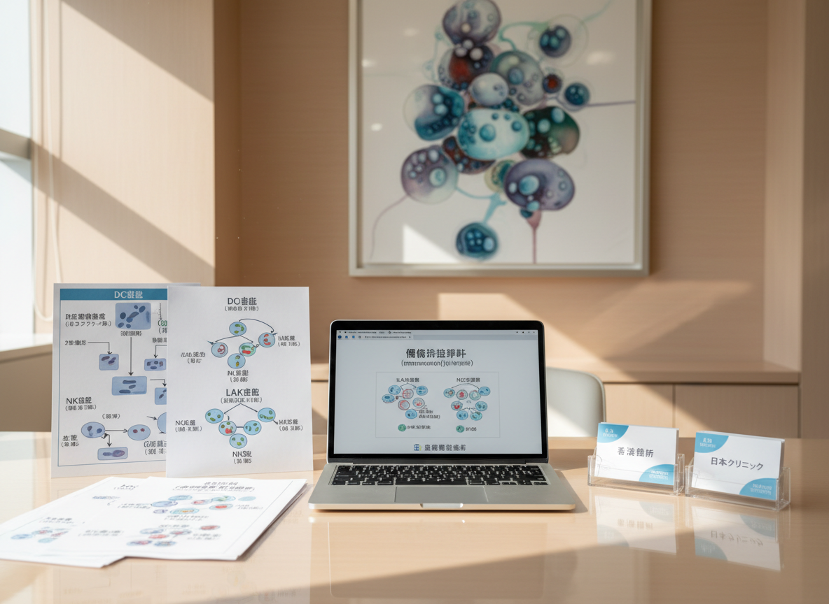 A serene consultation desk in a Central Hong Kong medical office, with no people present, featuring a slim laptop open to a bilingual Chinese-Japanese immunotherapy treatment plan, surrounded by neatly arranged printed diagrams of DC, LAK, and NK cell treatment flows. A small acrylic stand holds appointment cards for Hong Kong and Japan clinics. Warm, neutral-toned walls and a large, softly focused painting of abstract immune cells add sophistication. Natural afternoon light enters from an unseen window, casting soft shadows across the light-wood desk surface. Photographic realism with a slightly elevated angle and moderate depth of field, creating a professional, organized, and trustworthy atmosphere suitable for explaining treatment schedules and success rates.