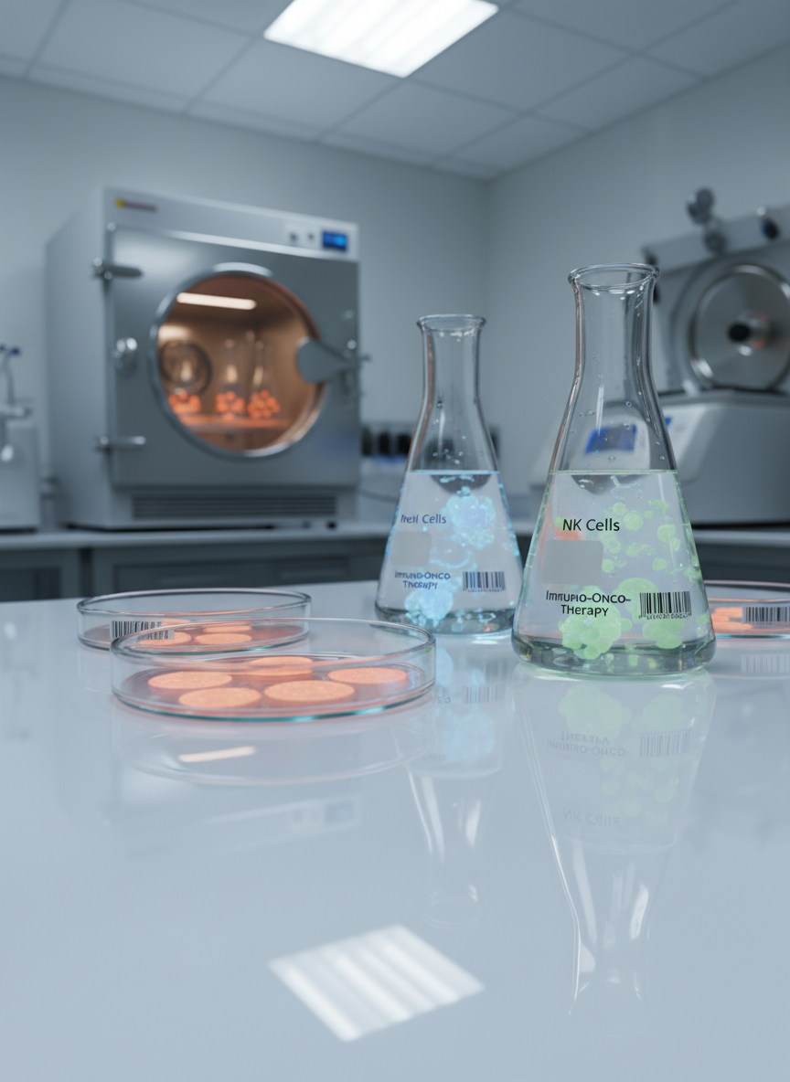 A close-up, photographic realistic scene of transparent petri dishes and sterile culture flasks on a glossy lab bench, each containing glowing, semi-translucent representations of dendritic cells, NK cells, and lymphocytes in distinct soft colors. Behind them, a high-end incubator and centrifuge are slightly out of focus, set in a spotless immunotherapy laboratory environment. Cool, even overhead lighting is reflected in the glass and metal, creating a clean, clinical atmosphere. The composition uses a shallow depth of field from a low, side angle, highlighting fine details of the cells and labels on the containers. The overall mood is precise, advanced, and professional, visually communicating the scientific rigor of cancer immune cell therapy.