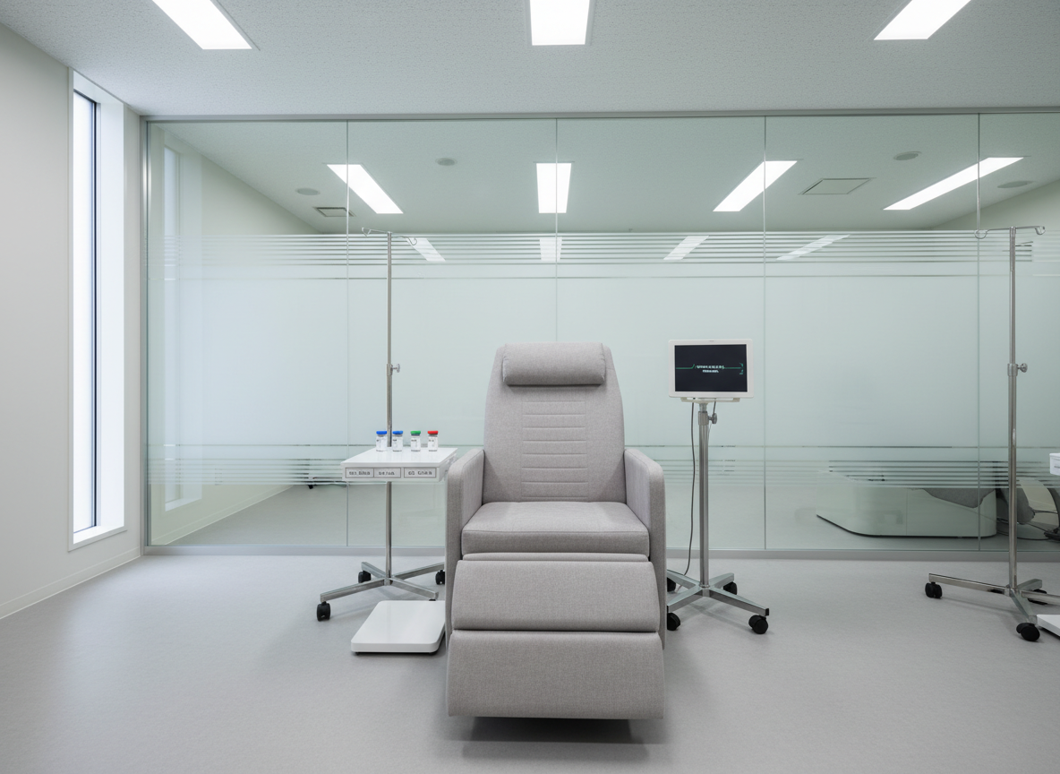 A high-tech Japanese immunotherapy treatment room without any human presence, featuring a reclining medical chair upholstered in light gray, flanked by sleek infusion stands and a compact monitoring unit with vital-signs display in standby mode. A frosted glass partition subtly reveals the outline of adjacent treatment pods. Cool, diffused ceiling lighting combines with faint natural daylight from a narrow window, producing soft, shadowless illumination. On a small side table, labeled vials representing DC, LAK, and NK cells are arranged in a precise line. Photographic realism, shot from a wide-angle eye-level perspective, emphasizes cleanliness, privacy, and advanced technology, capturing the calm, dignified atmosphere of personalized cancer immune cell treatment in Japan.