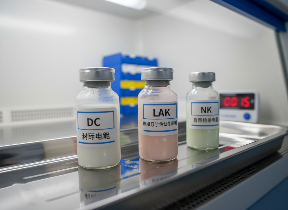 A highly detailed, photographic close-up of three distinct sterile vials labeled “DC”, “LAK”, and “NK” in both English and Chinese, standing upright on a reflective stainless-steel tray. Inside, faintly colored suspensions subtly distinguish each therapy type. The background reveals a softly blurred laminar flow hood, with neatly stacked pipette tip boxes and a digital timer, evoking a rigorous laboratory setting. Cool, focused overhead lighting highlights tiny condensation droplets on the glass and crisp label typography. Captured from a slightly low, side angle with shallow depth of field, the image feels precise, controlled, and professional, ideal for explaining the different immune cell therapies offered by the clinic.