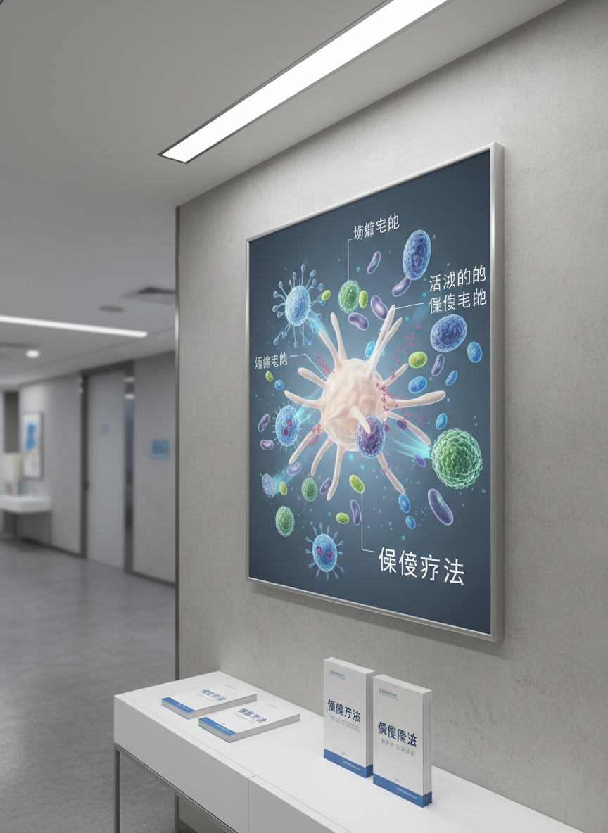 A detailed, cross-sectional 3D-style illustration rendered as a photographic poster on a clinic wall, showing a tumor mass being surrounded and attacked by activated immune cells such as dendritic cells, NK cells, and cytotoxic T lymphocytes. The poster is framed in brushed aluminum and mounted above a minimalist white console with neatly arranged medical brochures in Chinese and Japanese. Soft, indirect LED lighting from a recessed ceiling panel gives the wall a gentle glow, while the rest of the corridor remains subtly blurred. Shot from a slightly angled eye-level perspective, the mood is informative and hopeful, emphasizing the principle of immunotherapy in a clean, modern medical setting.