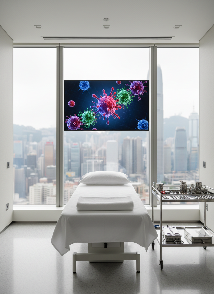 A meticulously organized oncology consultation room without any people, featuring a sleek white examination bed with crisp linens, a large wall-mounted monitor displaying a colorful 3D illustration of immune cells attacking cancer cells, and a tidy stainless-steel instrument tray. The room is set within a modern Hong Kong clinic, with floor-to-ceiling windows revealing a softly blurred city skyline. Diffused daylight fills the space, creating gentle reflections on polished floors and surfaces. The mood is professional, calm, and reassuring. Photographic realism at eye level, with a balanced composition that keeps the monitor’s immune-therapy graphic as the focal point while the surroundings fade into a subtle bokeh, emphasizing cutting-edge cancer immunotherapy care.