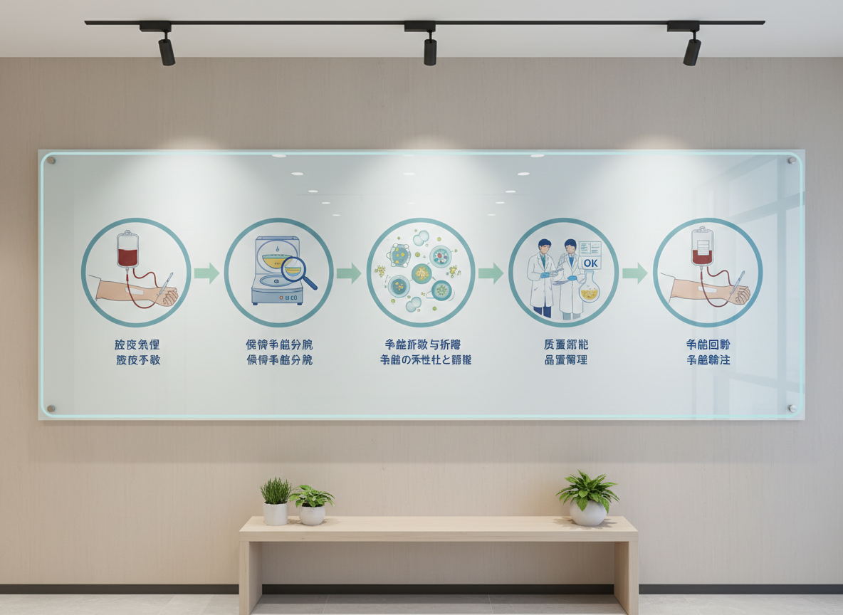 A clean, infographic-style wall display in photographic realism, mounted in a clinic hallway, showing a step-by-step flow of cancer immunotherapy: blood collection, immune cell isolation, activation and expansion, quality control, and reinfusion. Each step is represented by a realistic icon or mini-scene within circular frames, connected by subtle arrows. The panel uses a calm palette of blues and soft greens with Chinese and Japanese captions beneath each stage. Track lighting from above creates gentle highlights on the glass surface, while the hallway’s neutral walls and minimalist bench below remain slightly out of focus. Shot straight-on at eye level, the mood is clear, educational, and reassuring, visually guiding patients through the treatment process.